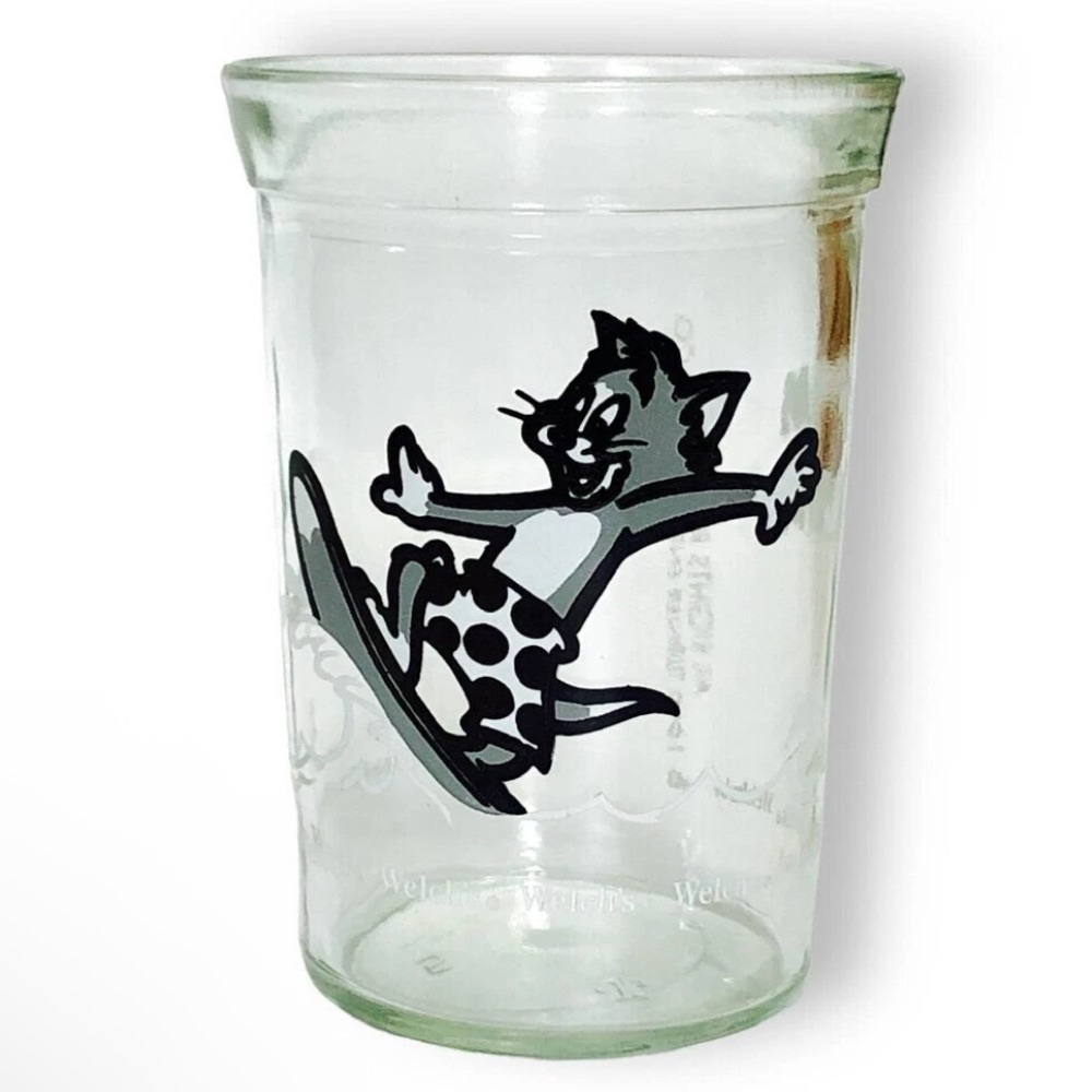 Tom & Jerry Welch's Jelly Jar Glass Cup Surfing Tom Surfboard 4” vintage 1990